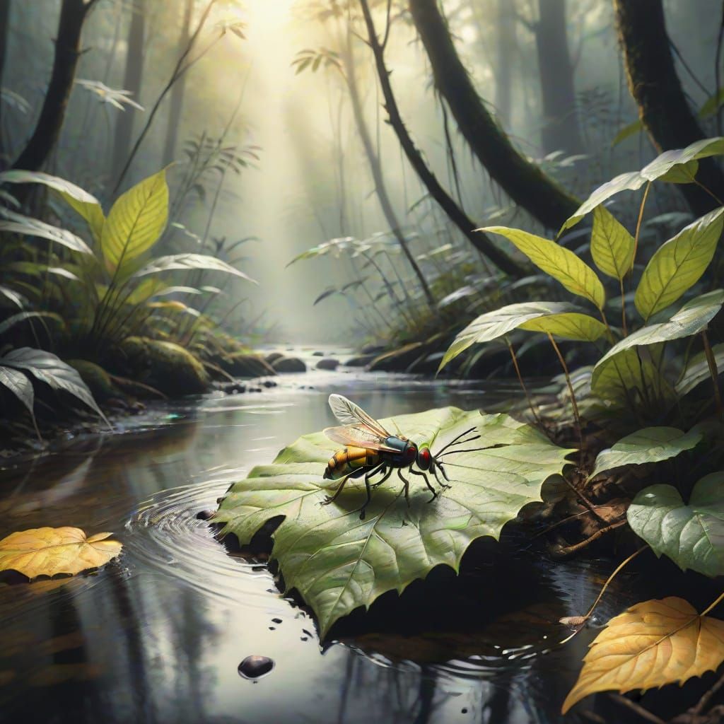 Intricate Charcoal Drawing of Insect on Leaf in Misty Rainfo...