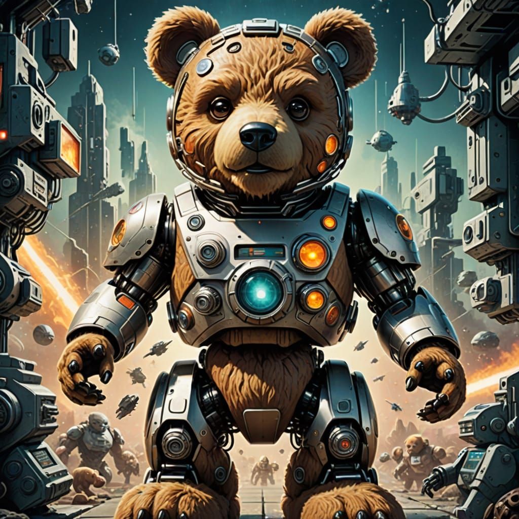 Whimsical Retro Blockbuster, cyborg teddy bear, science fict...