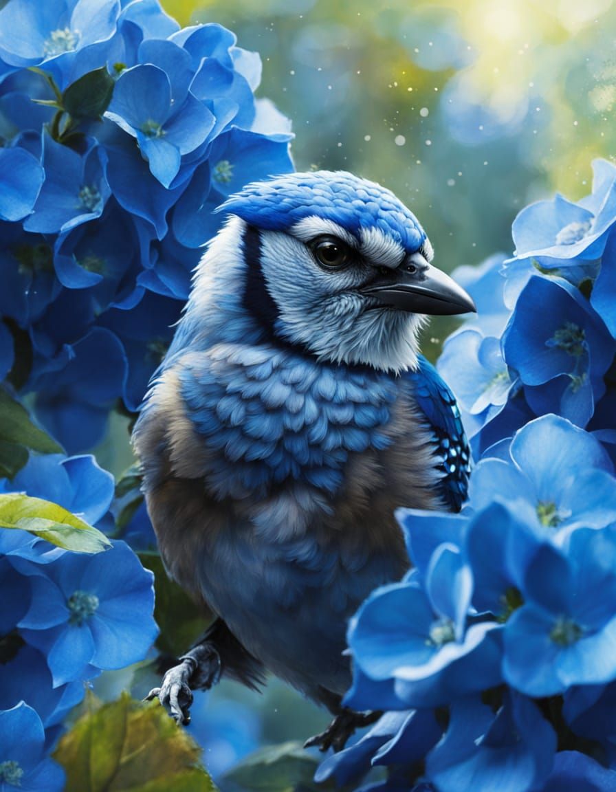Detailed Watercolor Bluejay in Hydrangea Forest