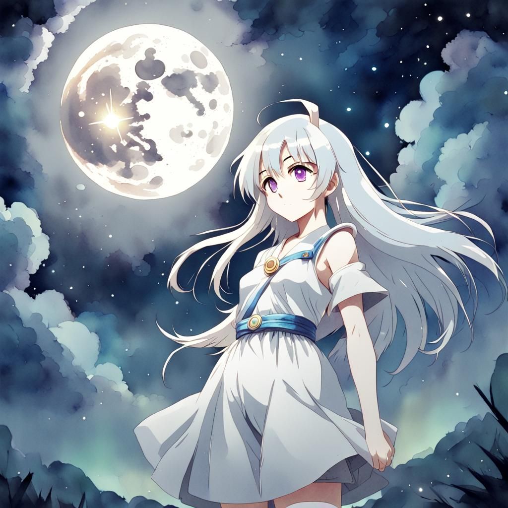 Shining White Moon in Anime Watercolor Style
