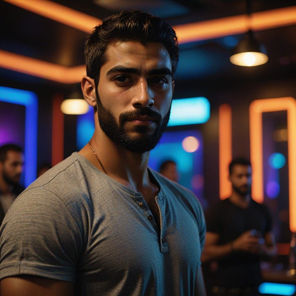 Confident Arab Man Poses in Nightclub with Cinematic Lightin...