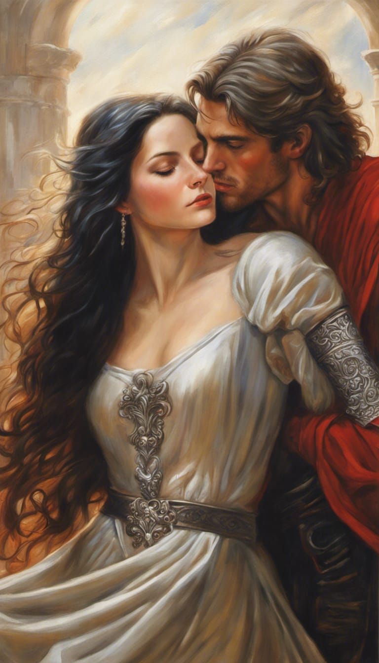 Medieval Romance: Knight Embraces Lady in Castle Sunlight