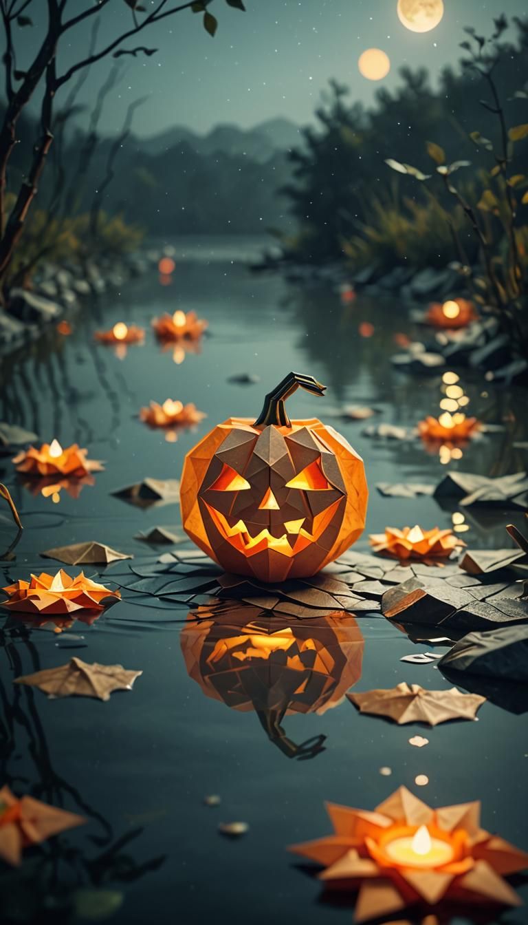 Origami Jack-O-Lantern Papercraft in Misty Night