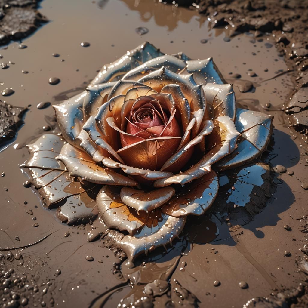 Shimmering Rose in Mud Puddle: Hyperrealistic Splash Art