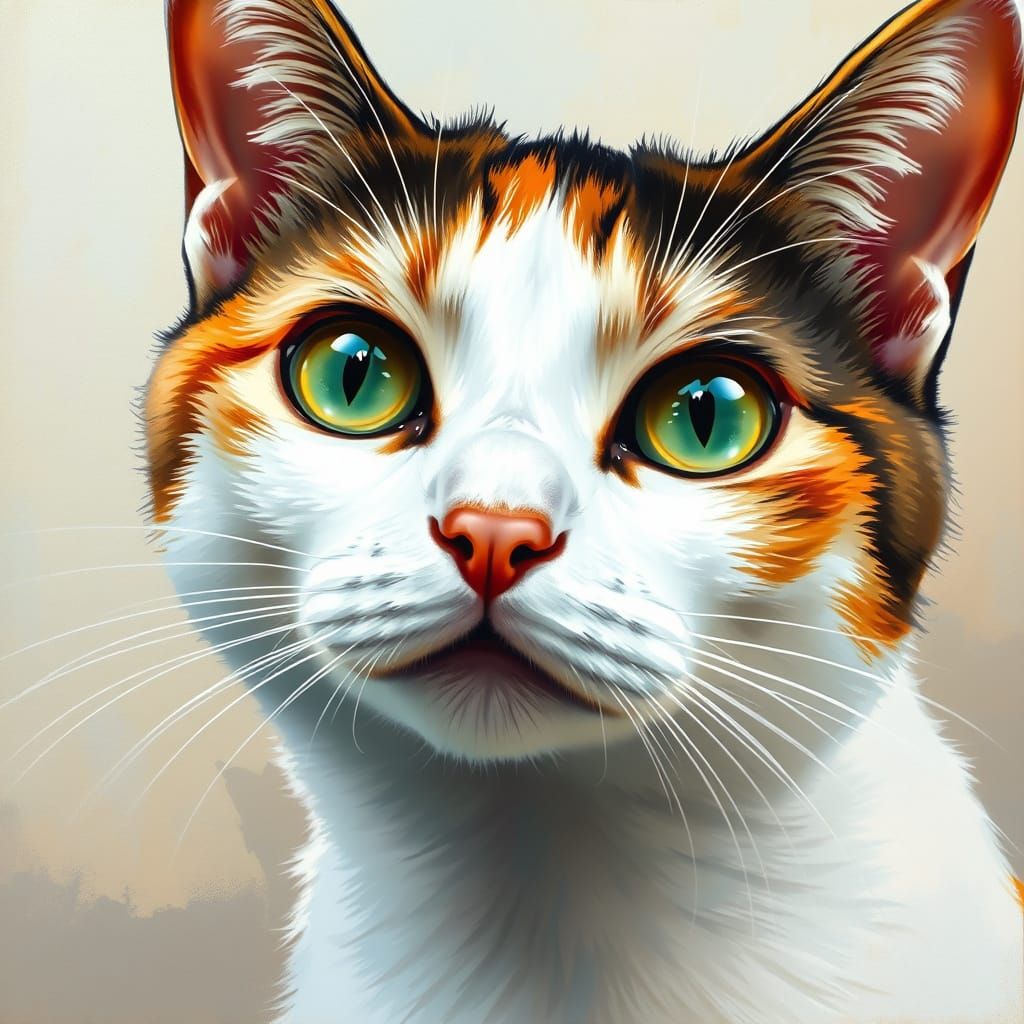 a calico cat with vibrant  green eyes