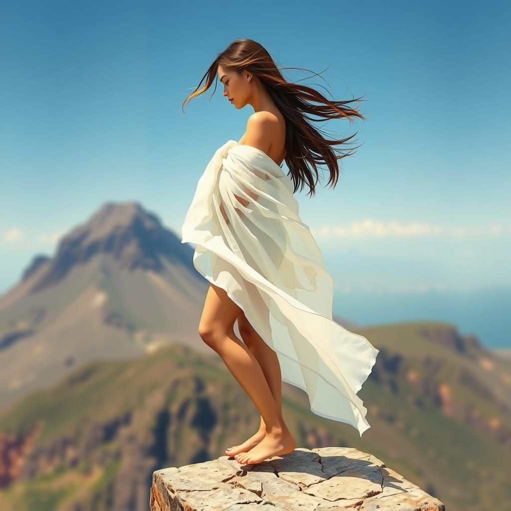 Ethereal Woman on Cliff Edge in Classic Illustration Style