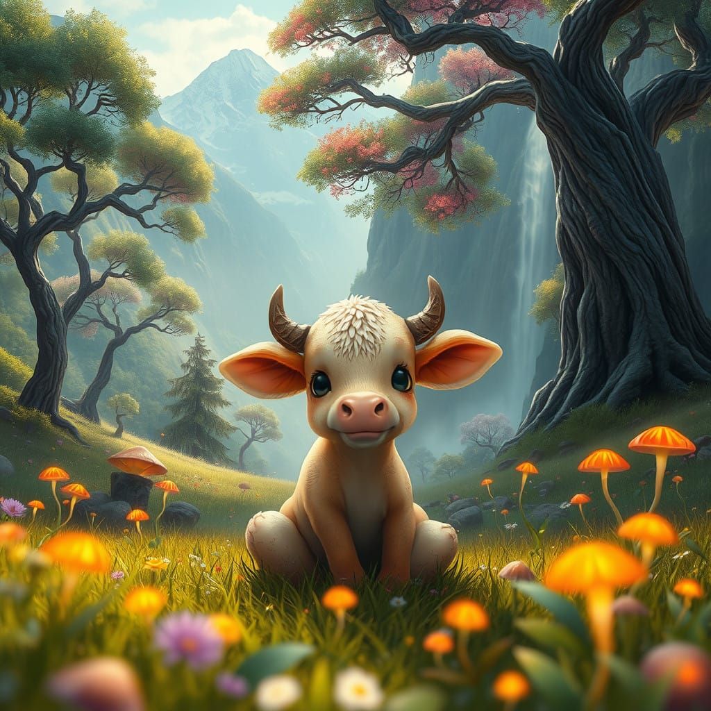 Whimsical Baby Mushroom Cow in a Fantastical Meadow