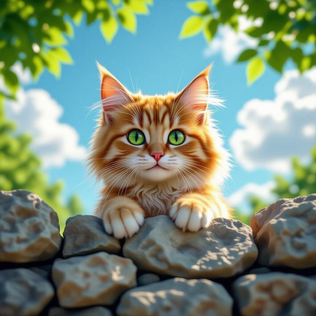 Ginger Cat Peeking Over Stone Wall in 3D Render Style