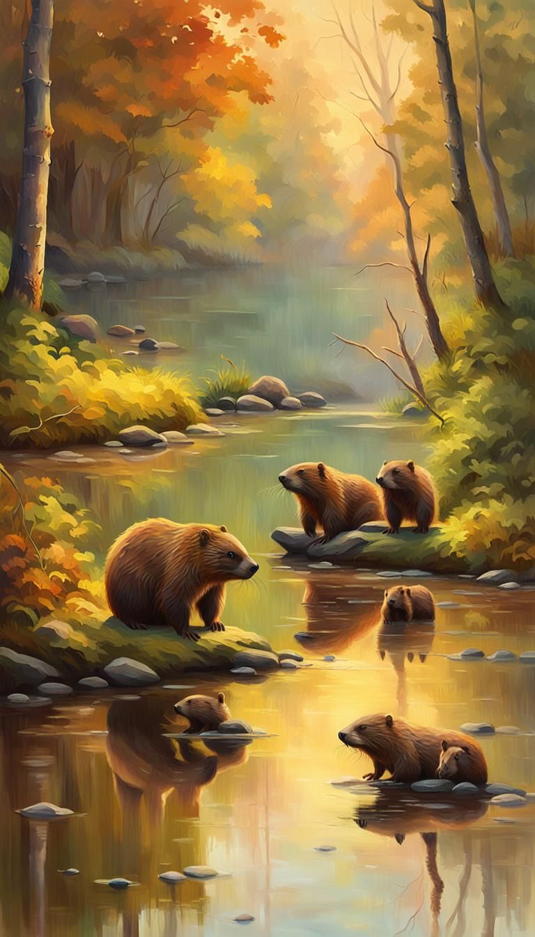 Beaver Family in Amazon, Impressionist Oil Painting