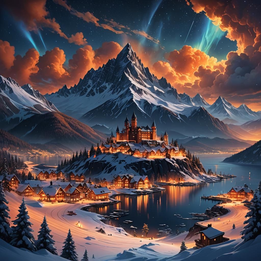Fantasy Ski Island at Night: Digital Matte Painting