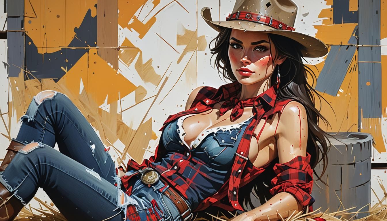 Cowgirl in Barn: Detailed Impasto Style Portrait