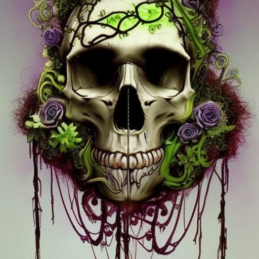 Steampunk Skull with Vines and Flowers: Gothic Organic Punk