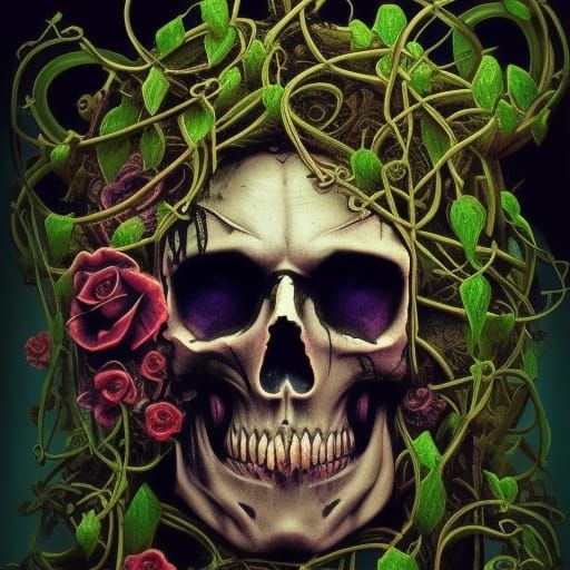 Steampunk Skull with Vines and Flowers