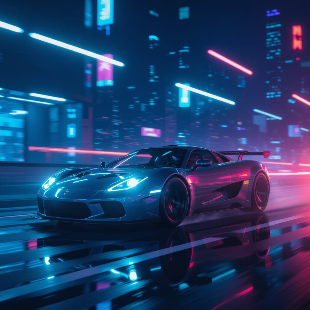 Futuristic Sports Car Speeds Through Neon City