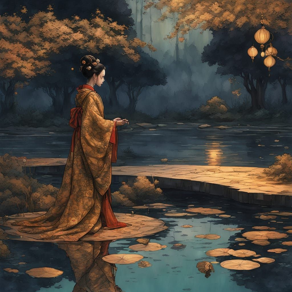 Dark Fantasy Geisha Beside Cosmic Pond Reflection