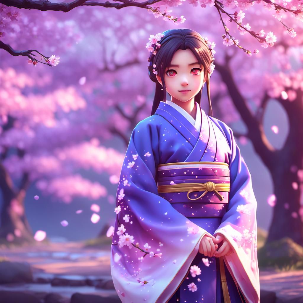 Girl in Hanfu Under Cherry Blossoms, Anime Style