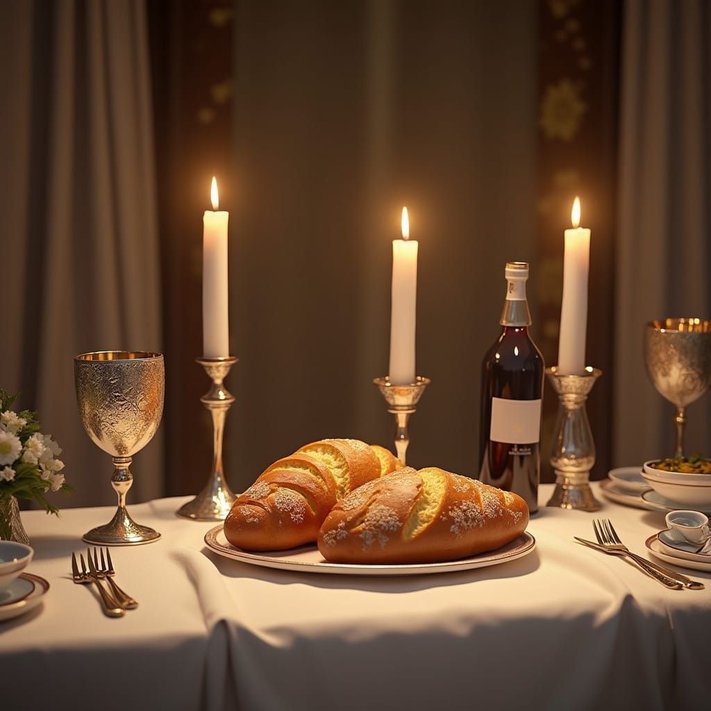 Majestic Shabbat Table Setting with Golden Challahs and Deli...