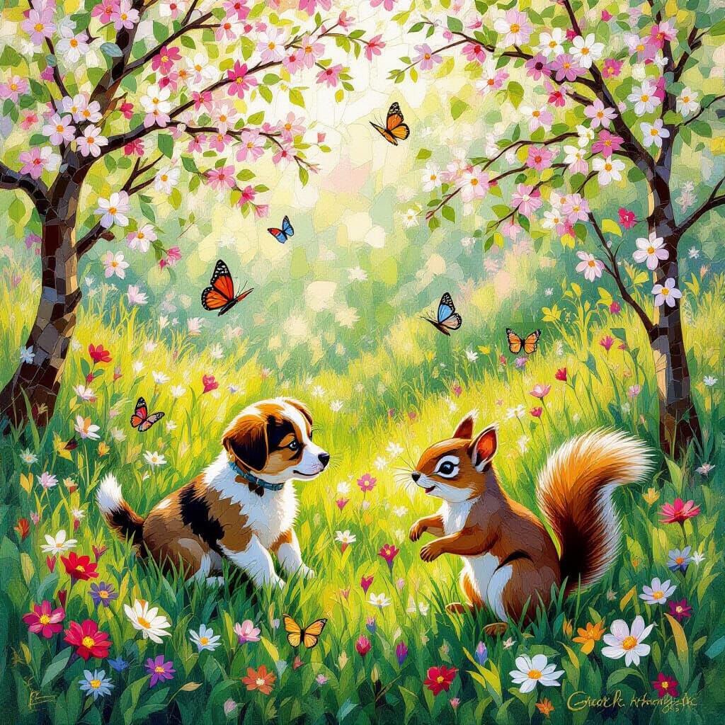 Vibrant Spring Landscape with Blossoms, Butterflies, and Ani...