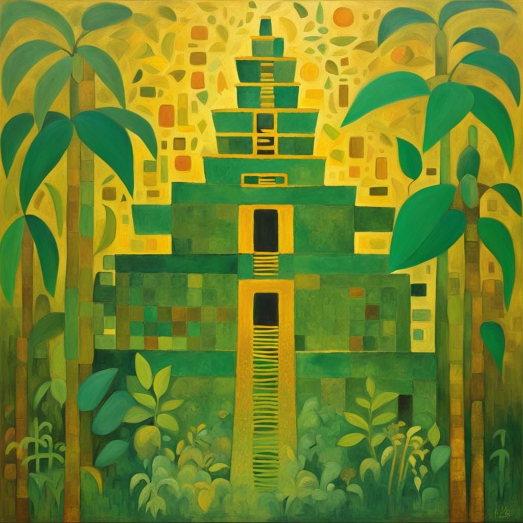 Golden Mesoamerican Temple in Rainforest: Abstract Painting