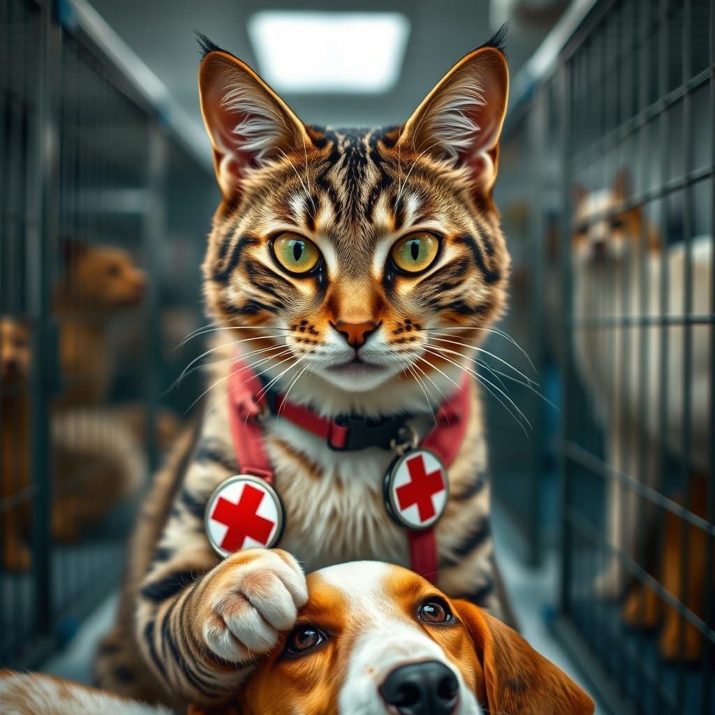 Compassionate Cat in Veterinary Clinic Setting