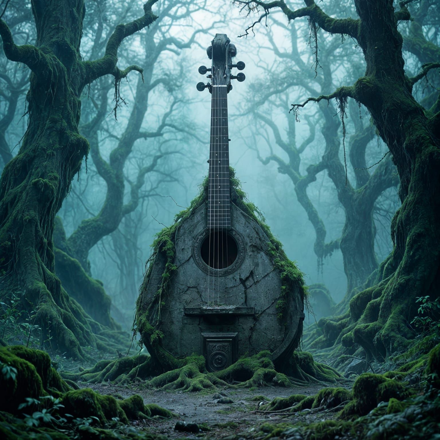 Colossal Stone Lute in Misty Forest