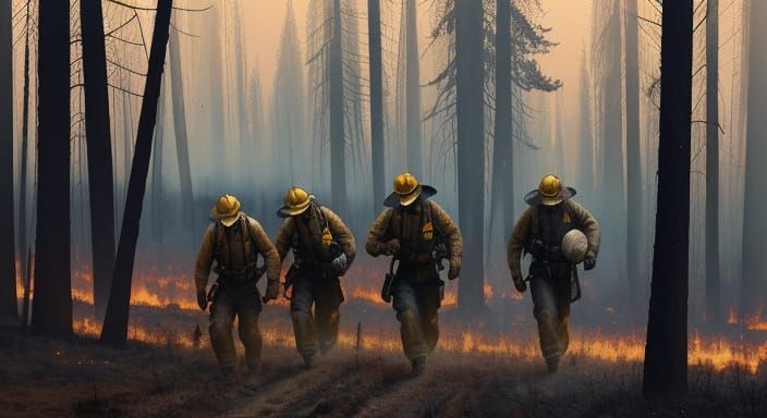 Exhausted Firefighters in Burning Forest Impasto Oil Paintin...