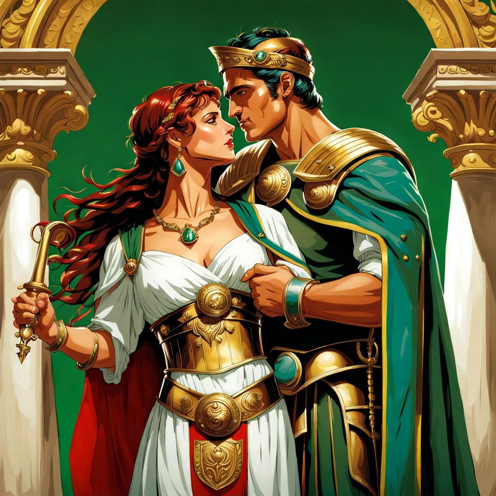 Clinch Cover by Sanjulian: Romance, Ancient Rome, Patrician Lady (with ornately curled hair, long white stola cinched wi...