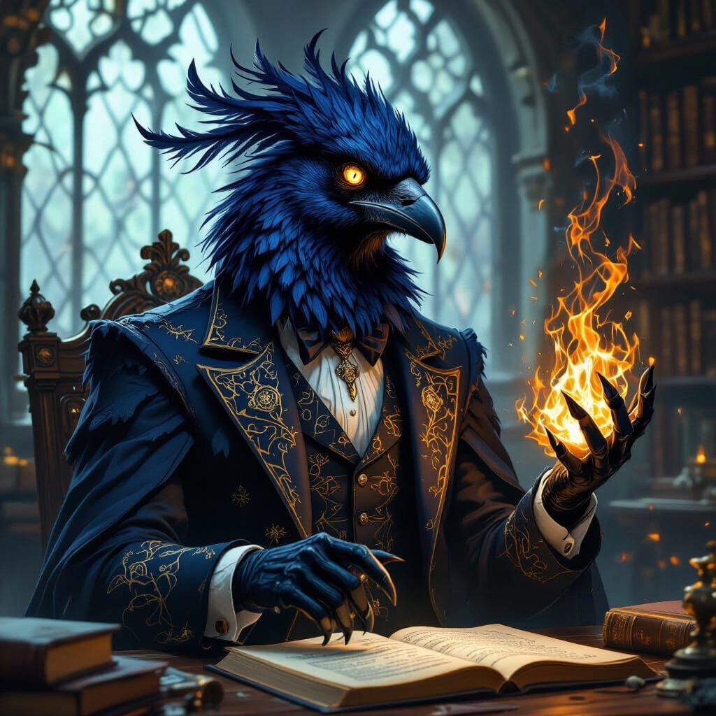 Avian Professor Conjuring Flames in Gothic Classroom