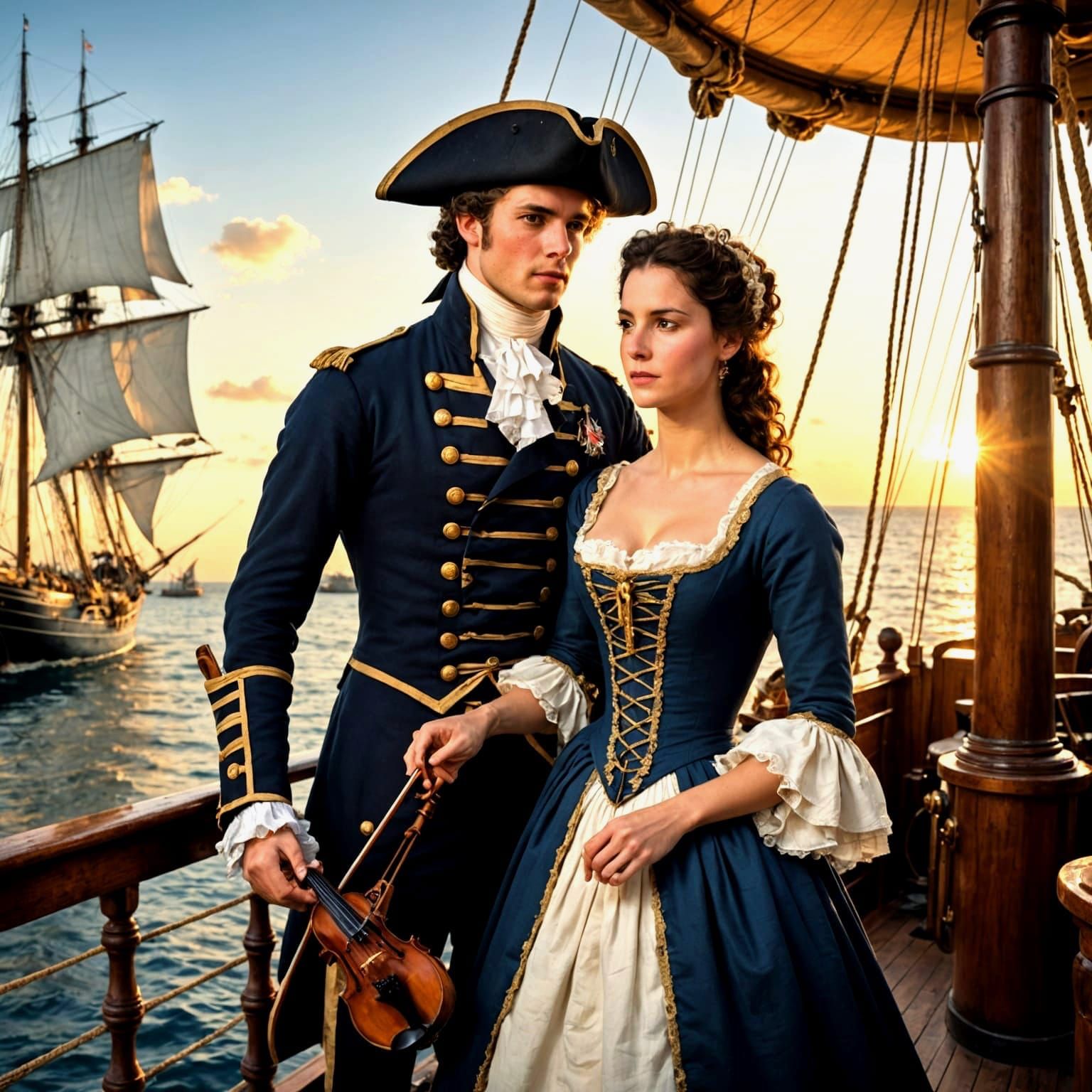 Romantic 18th-Century Frigate Deck at Sunset