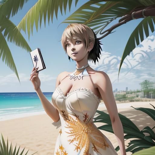 Anime Illustration of Blond Woman on Sunny Beach