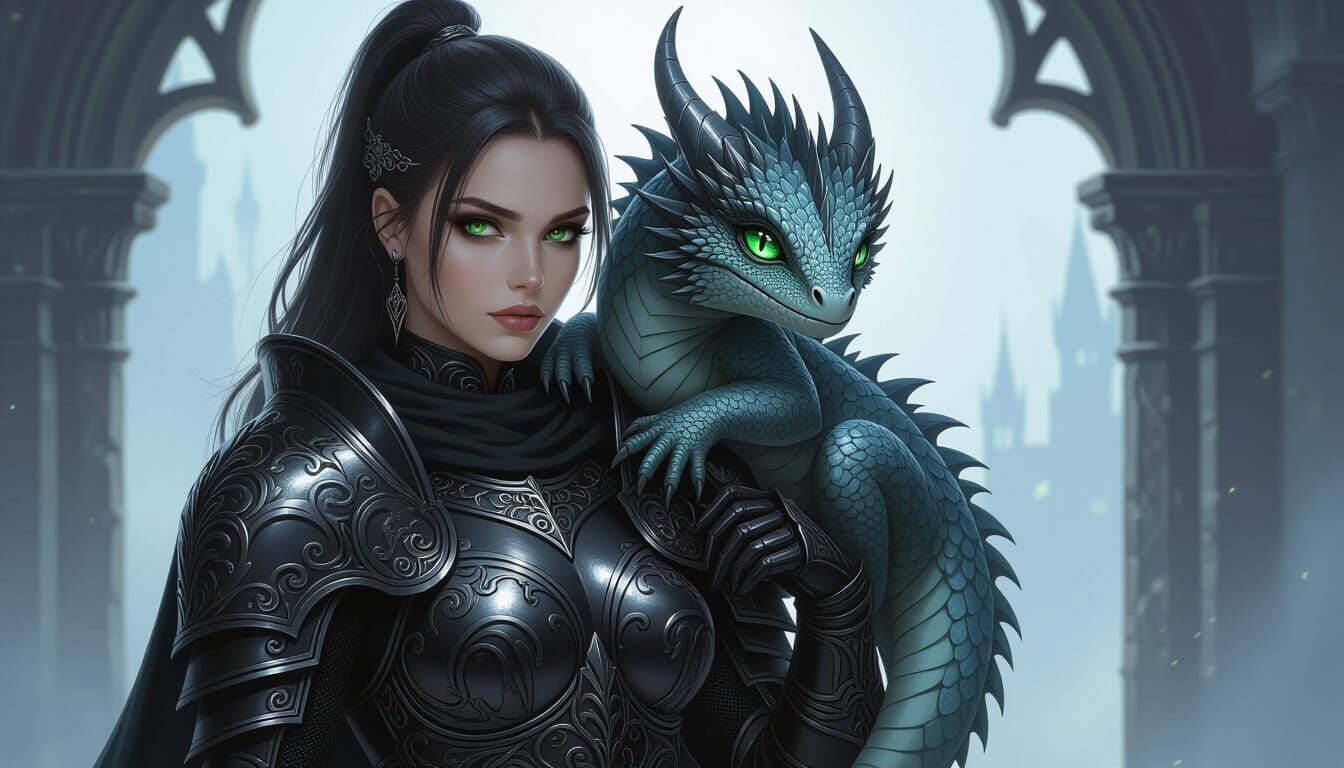 Gothic Knight with Baby Dragon in Dark Fantasy Style