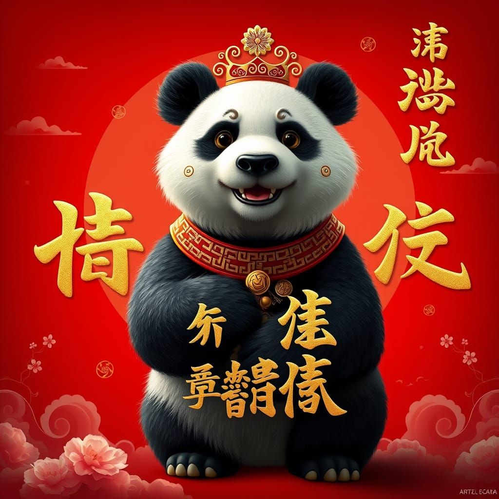 Majestic Panda in Regal Pose on Vibrant Red Background