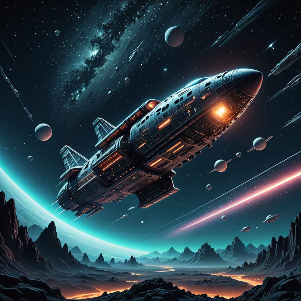 Colossal Spaceship Soaring Across Starry Sky