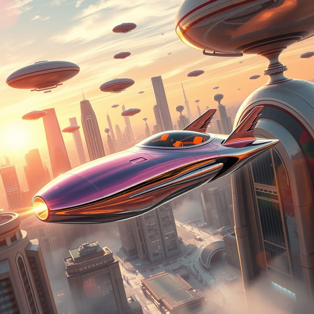 Retro Futuristic Flying Car Soars in Marvelous 60's Cityscap...