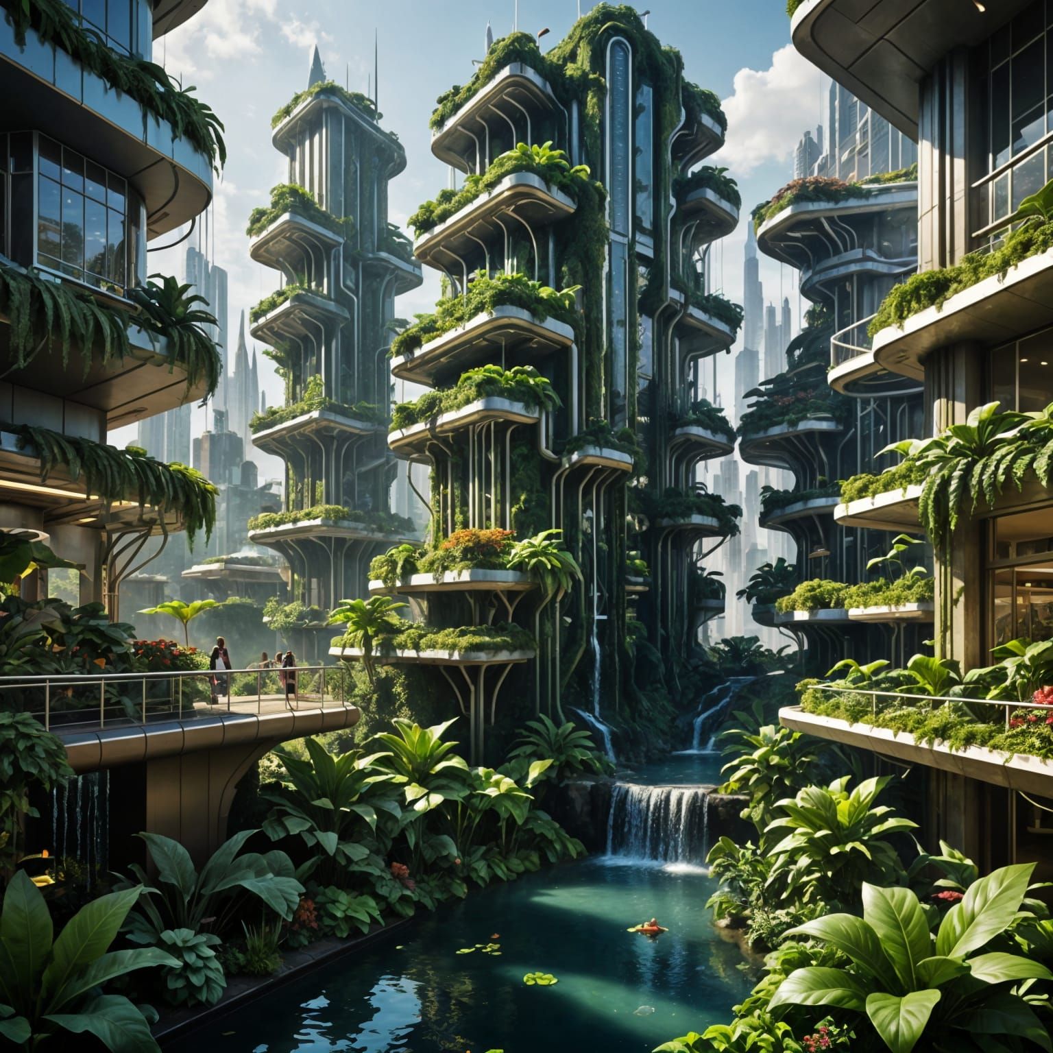 Solarpunk Cityscape of a Futuristic Town Square