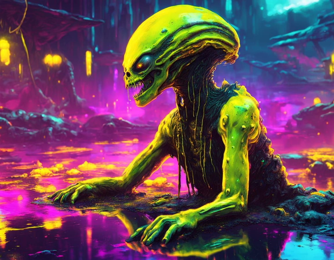 Cyberpunk Alien in Neon Tar Pit Digital Art