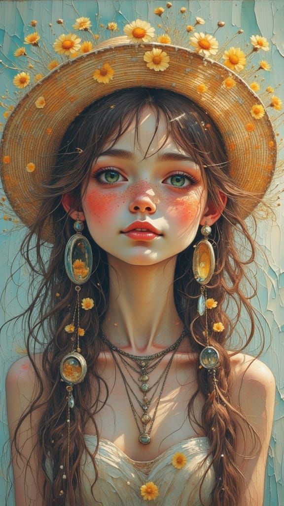 Digital Art Portrait of a Young Woman in a Yellow Sunhat