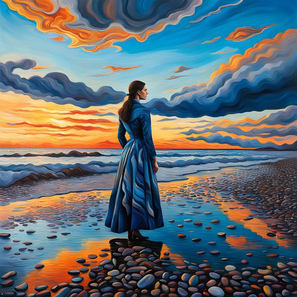 Despondent Woman on Pebble Beach: Surrealist Oil Painting