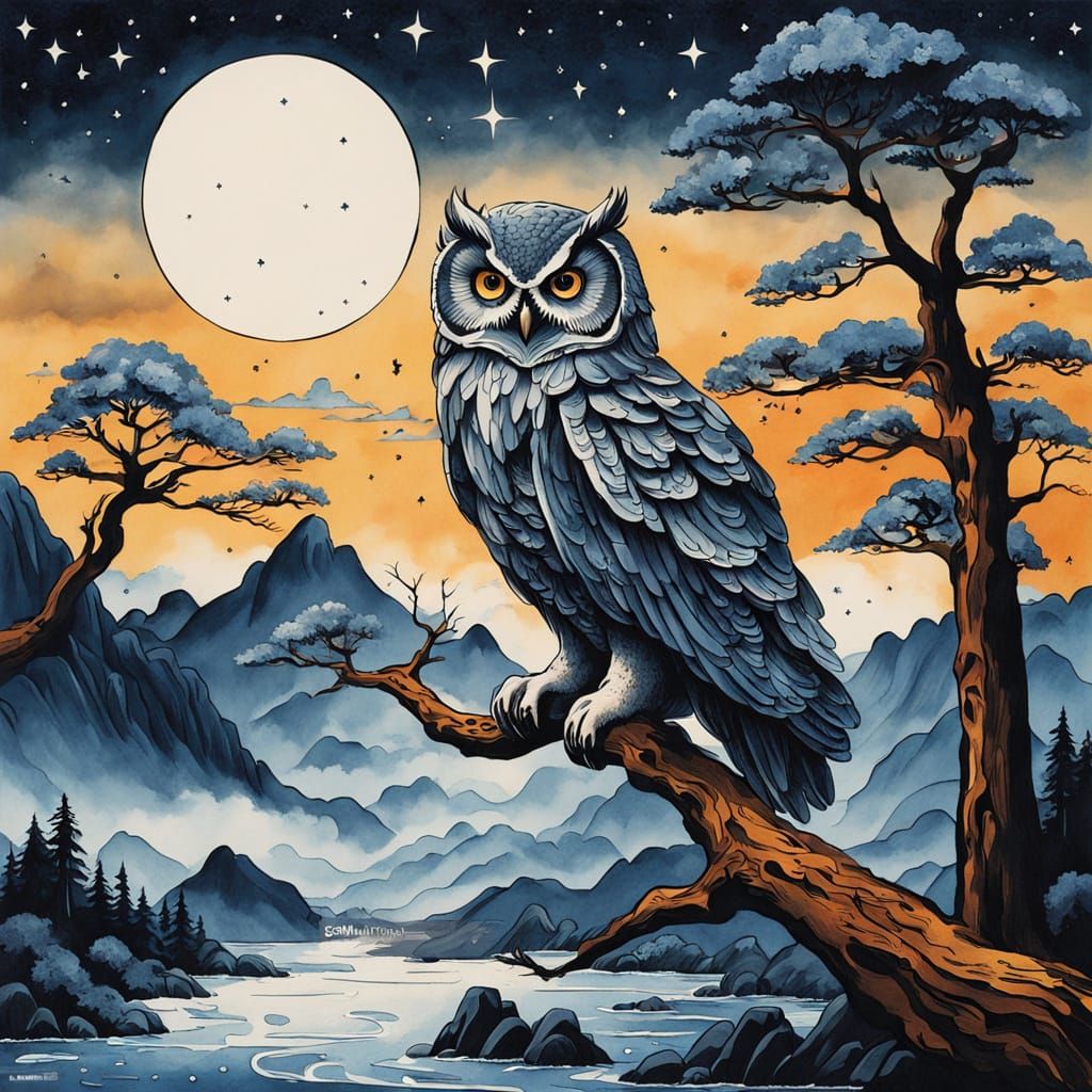 Owl Portrait in Expressionist Sumi-e Style