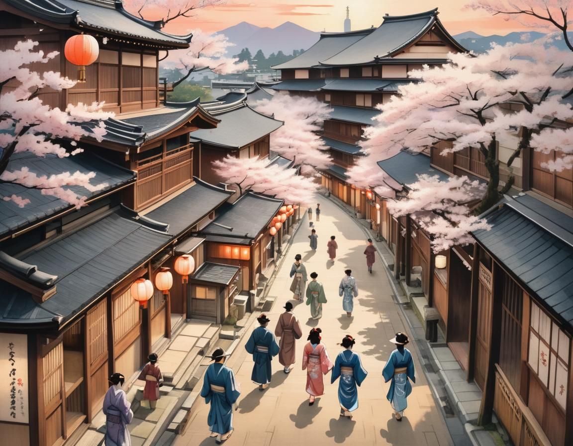 Bustling Street Scene in Old Japan, Ukiyo-e Style