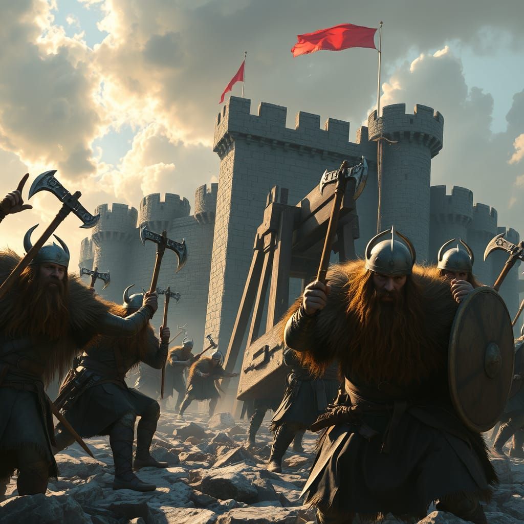 Viking Warriors Storm a Castle in a Vibrant Matte Painting S...