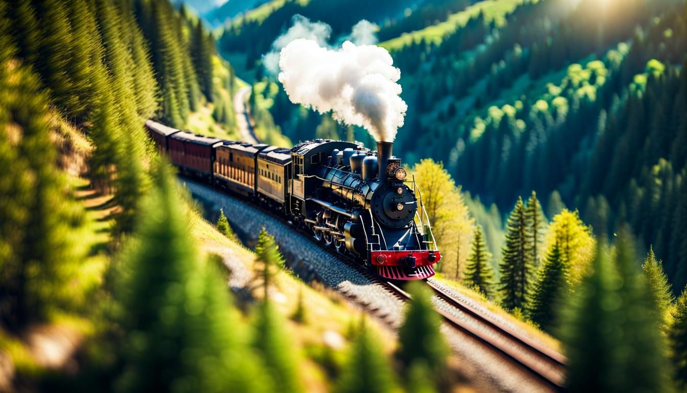 Miniature Steam Train in Sunny Mountain Valley