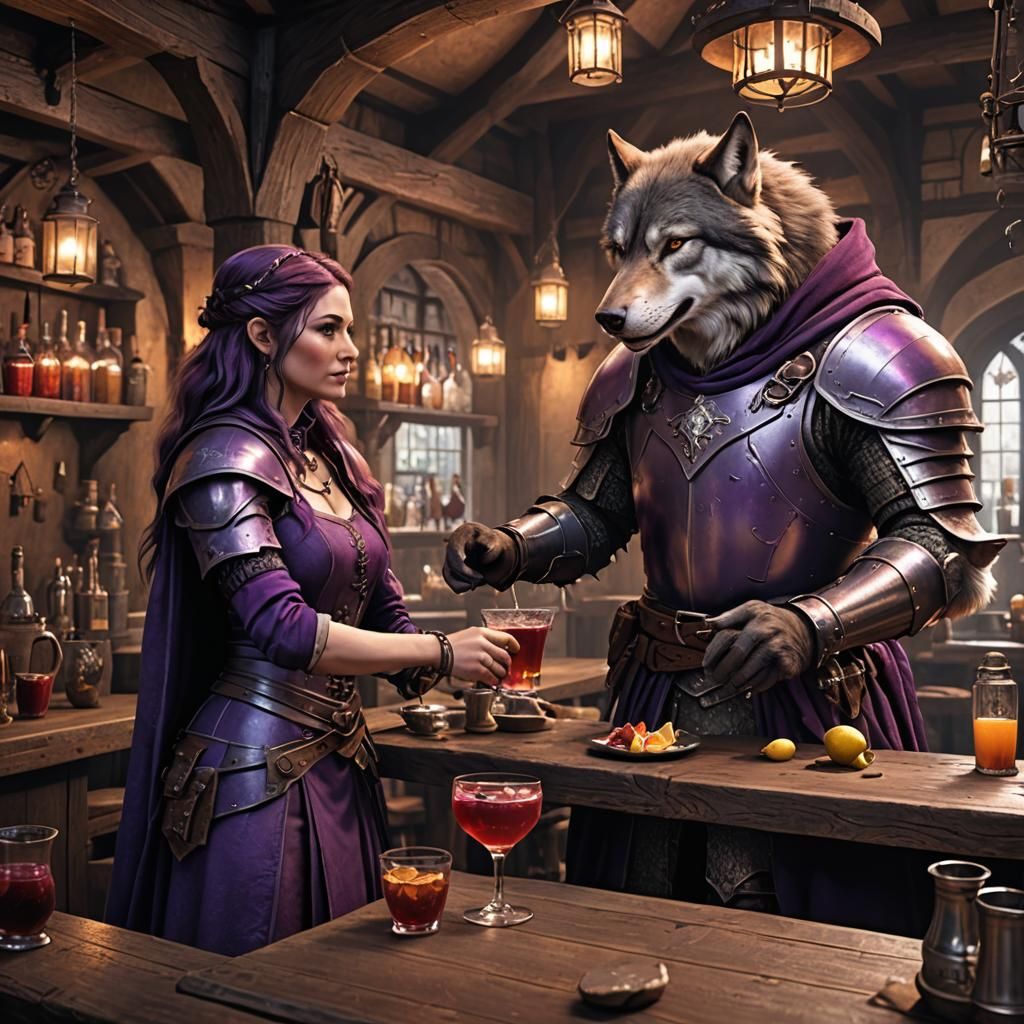 Wolf Man Serves Cocktail in Medieval Tavern