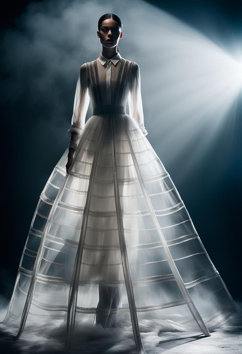 Hyper-Realistic Fashion Model on Dimly Lit Catwalk