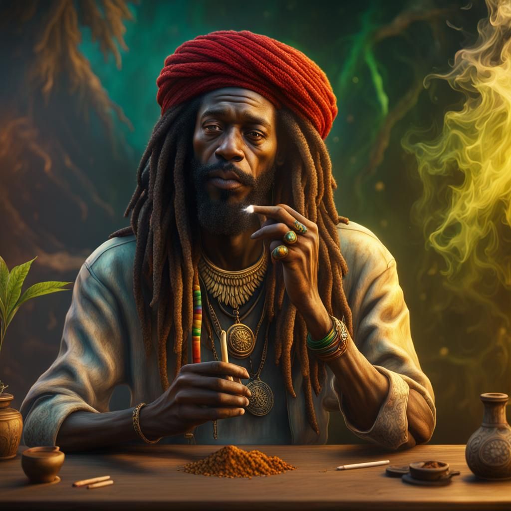 Rastafari Smoking: Detailed Matte Painting in Deep Color