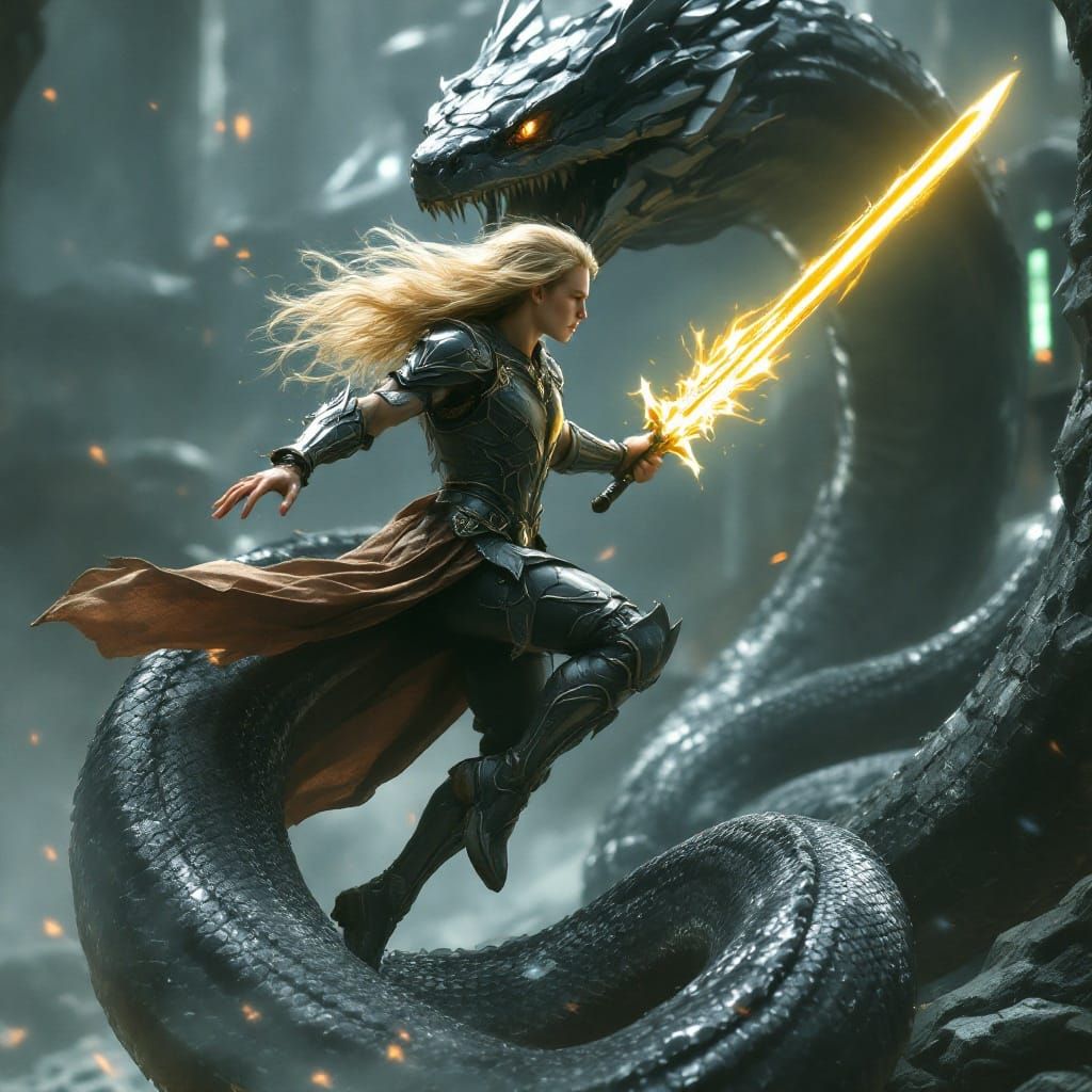 Ethereal Elf Warrior Battles Dark Cobra in Futuristic Fantas...