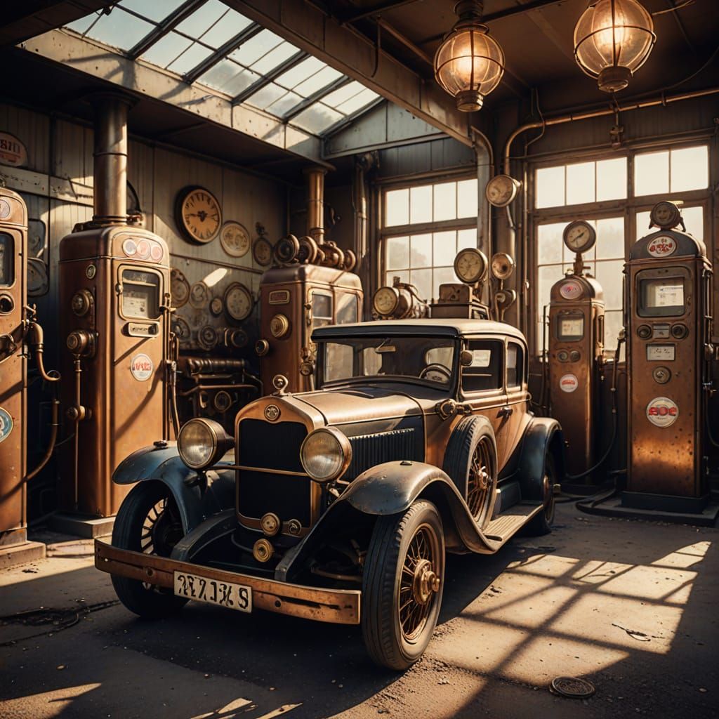 Steampunk Gas Station with Vintage Car