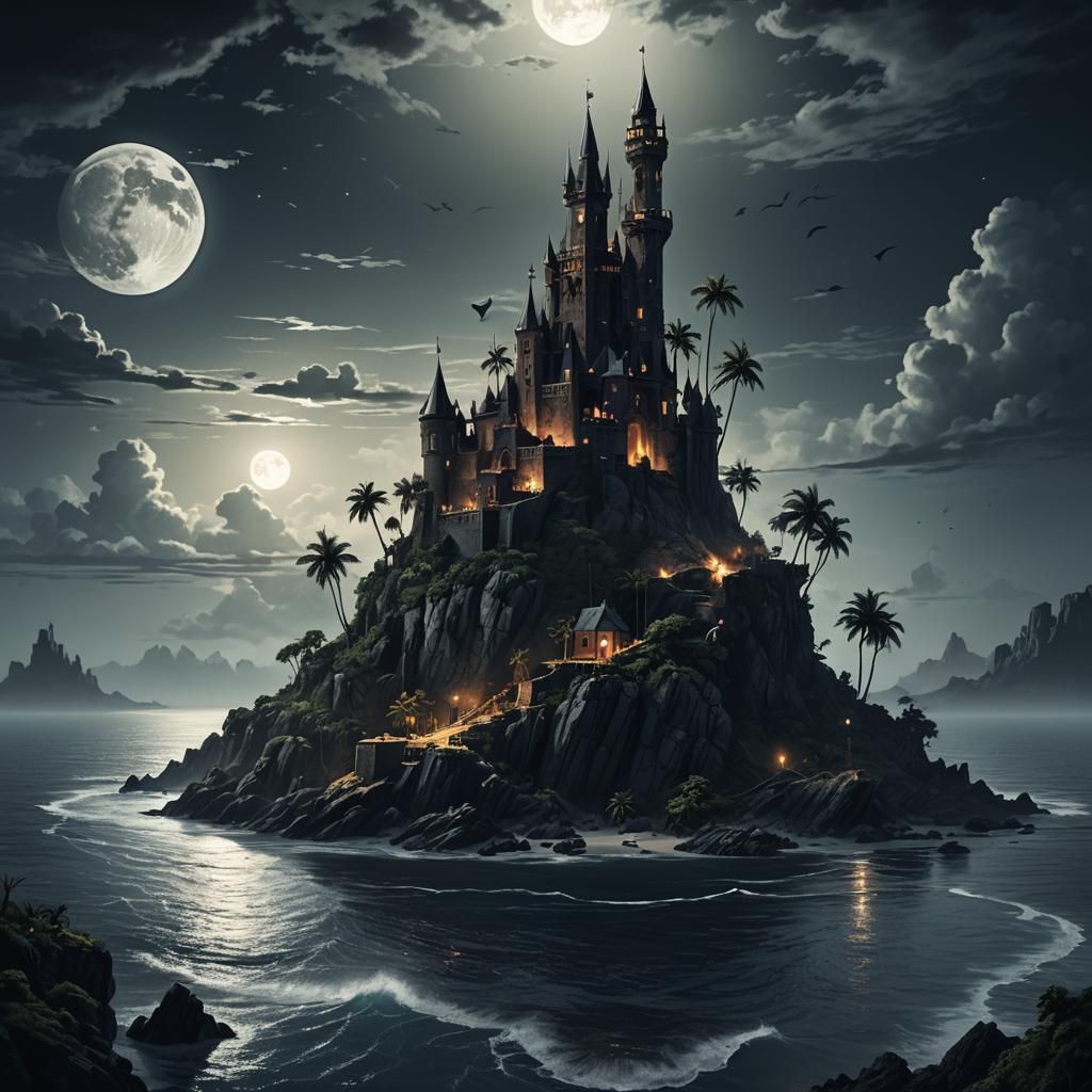 Dark Fantasy Island Castle Ruins in Moonlight