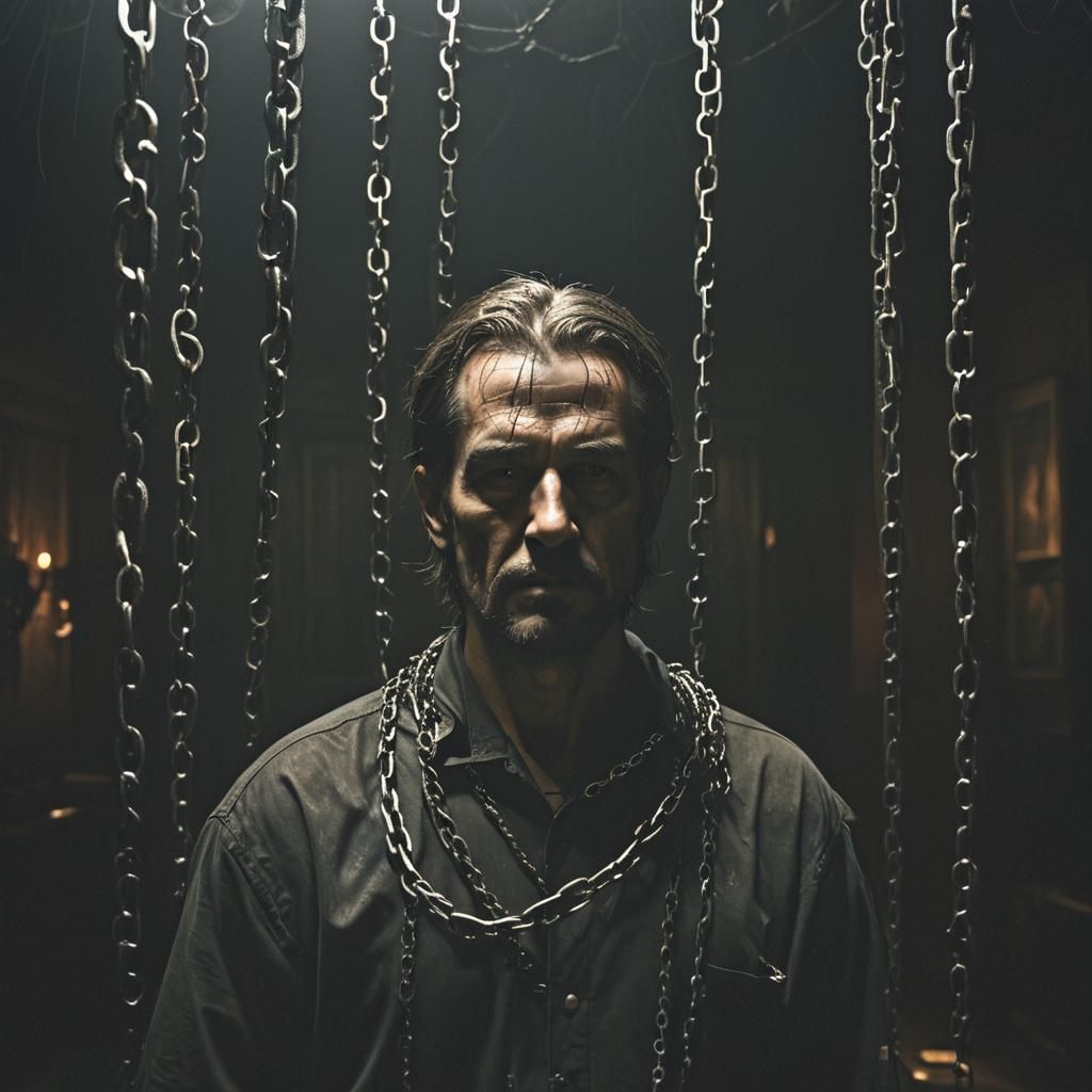 Ominous Chained Dreamer in Dark Surrealism