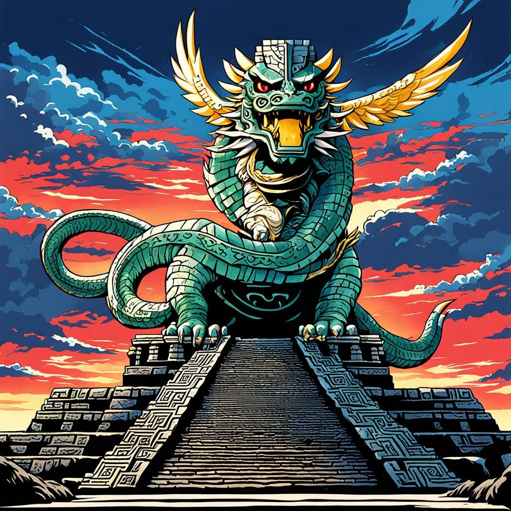 Feathered Serpent on Mayan Pyramid in Anime Style